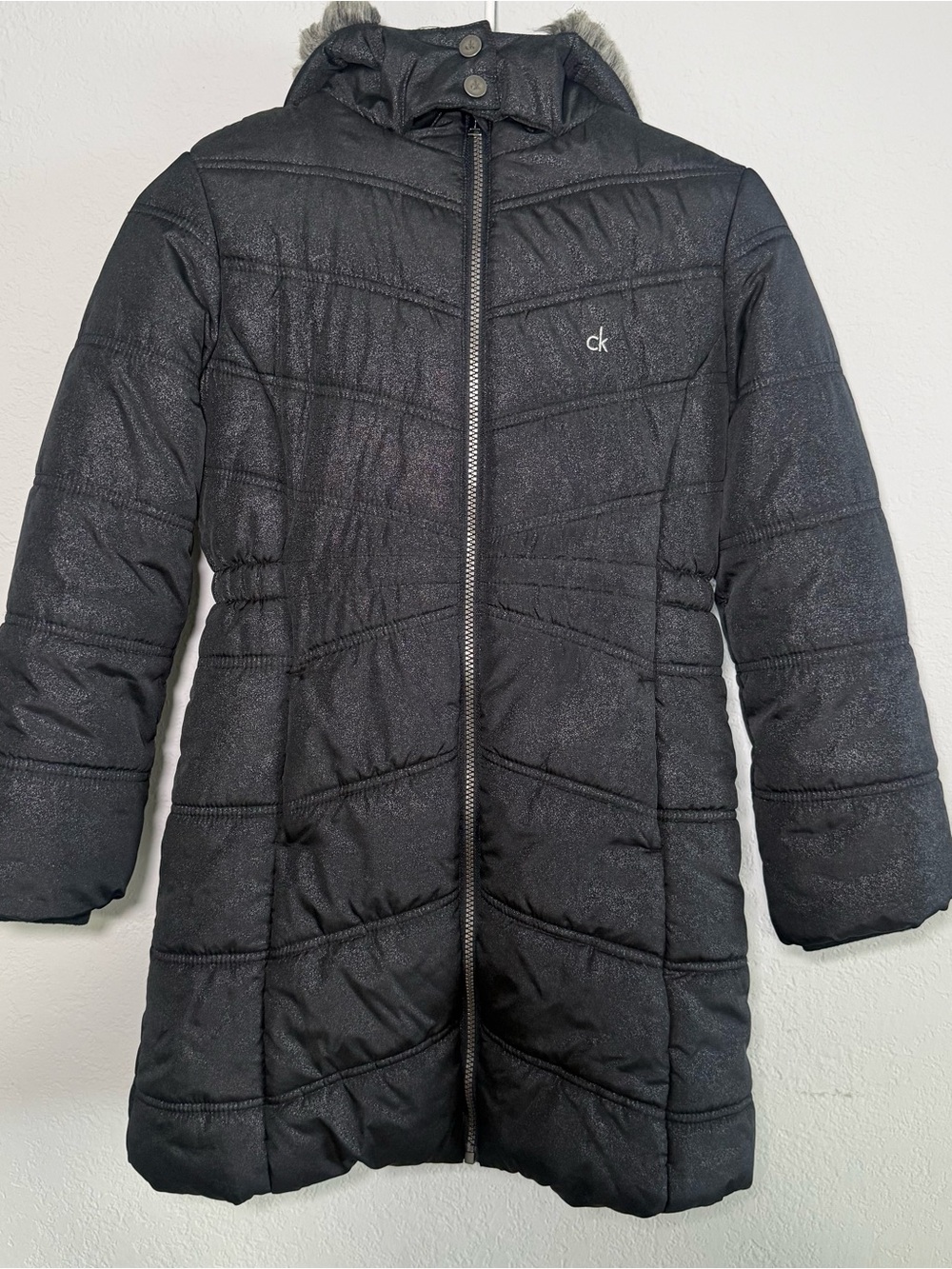 Calvin Klein Jeans Girls Size M 8/10 Black Shimmer Hooded Long Puffer Coat